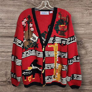 Vintage Belle Pointe musical instruments hand knit cardigan sweater size small